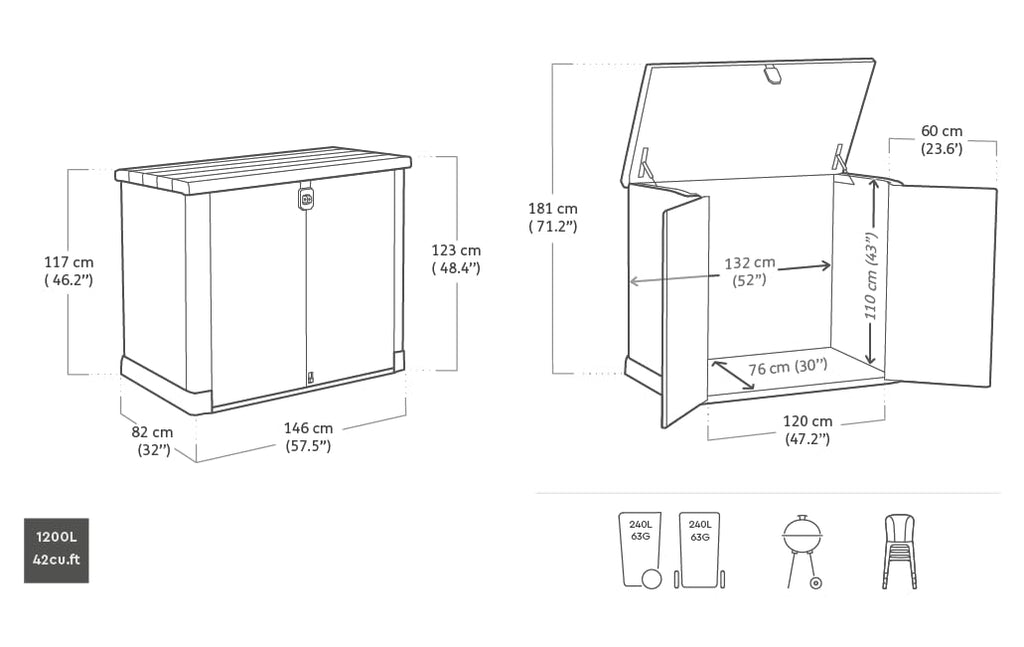 1200L Outdoor Garden Storage Shed with Piston Lid & Double Doors, Weather-Resistant Resin