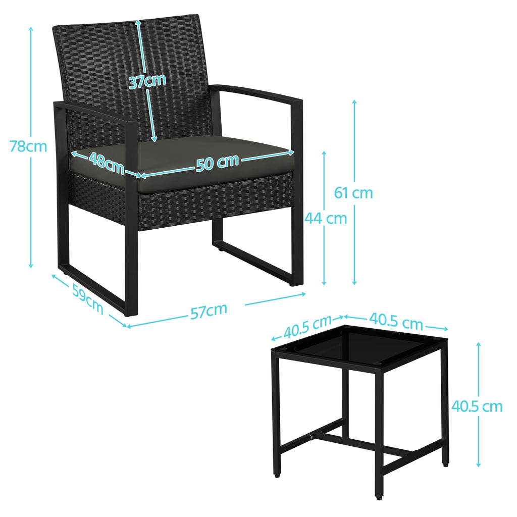 3 Piece Rattan Garden Bistro Set with Cushioned Chairs & Glass Table Black Grey