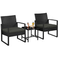 3 Piece Rattan Garden Bistro Set with Cushioned Chairs & Glass Table Black Grey