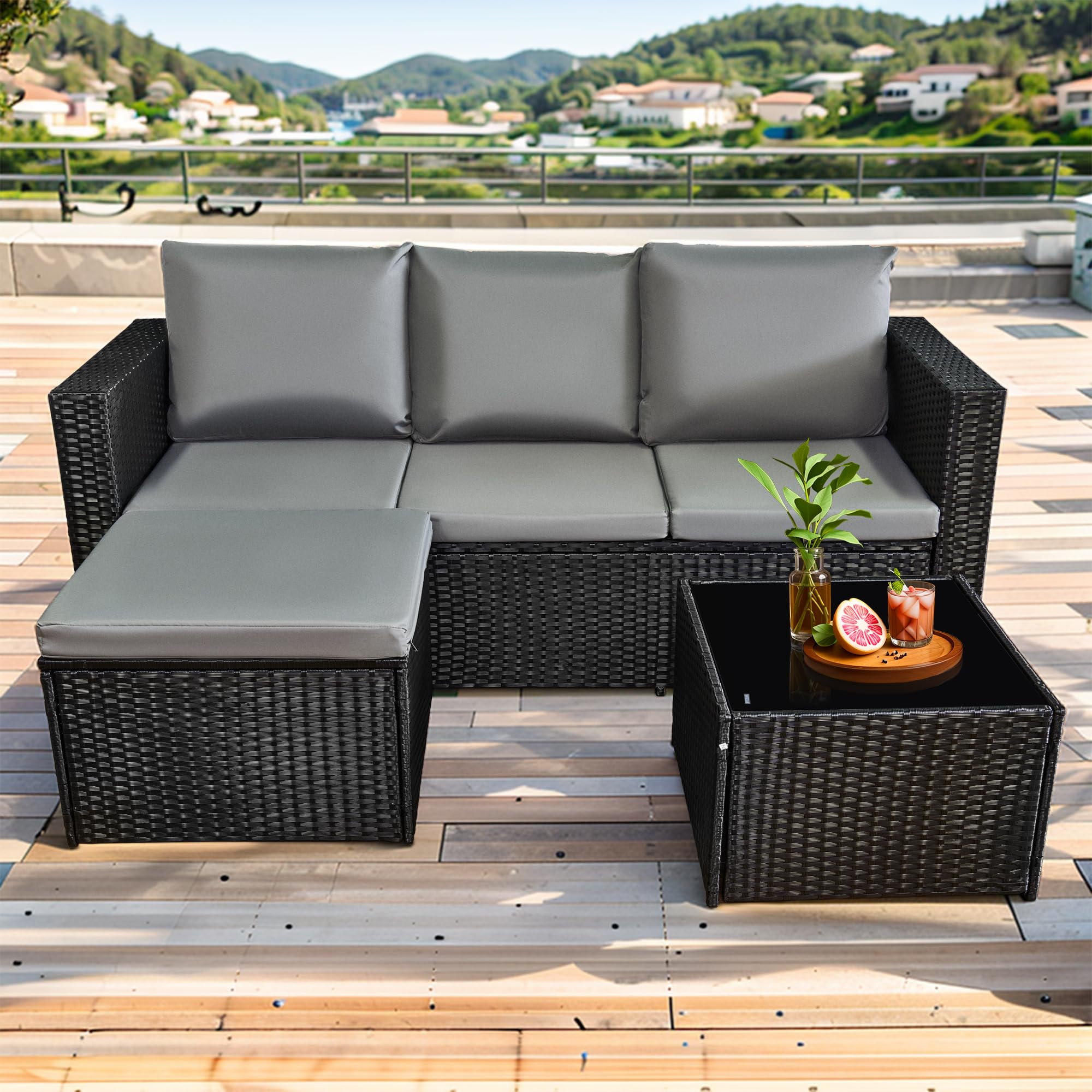3 Piece Rattan Garden Furniture Set with Cushioned Sofa, Footstool & Glass Table Grey