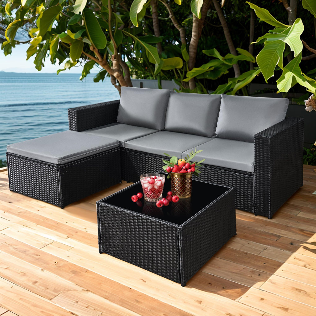 3 Piece Rattan Garden Furniture Set with Cushioned Sofa, Footstool & Glass Table Grey