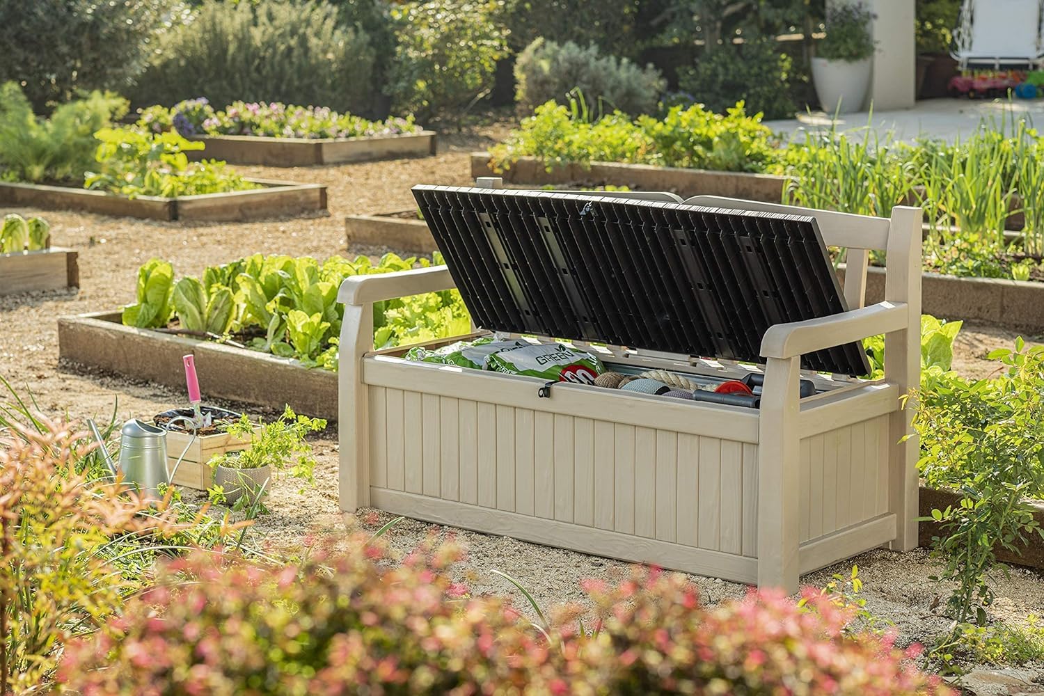 Keter Eden Bench 265L Outdoor 60% recycled Garden Furniture Storage Box Beige & Brown Wood Panel Effect | Fade Free | All Weather Resistant | Safe and Secure | Zero Maintenance | 2 year Warranty