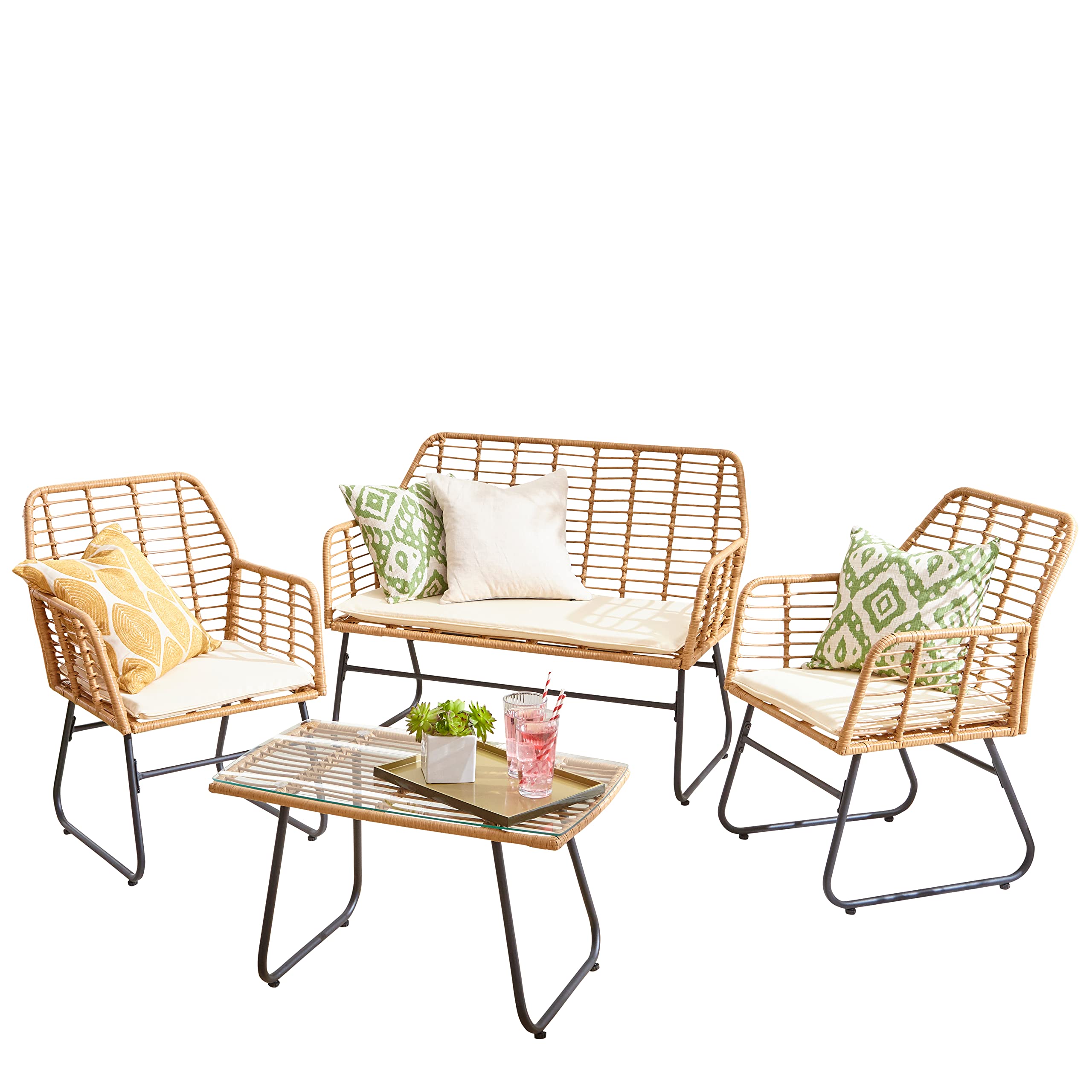 4 Piece Rattan Garden Furniture Set with Sofa, Chairs & Glass Coffee Table Natural