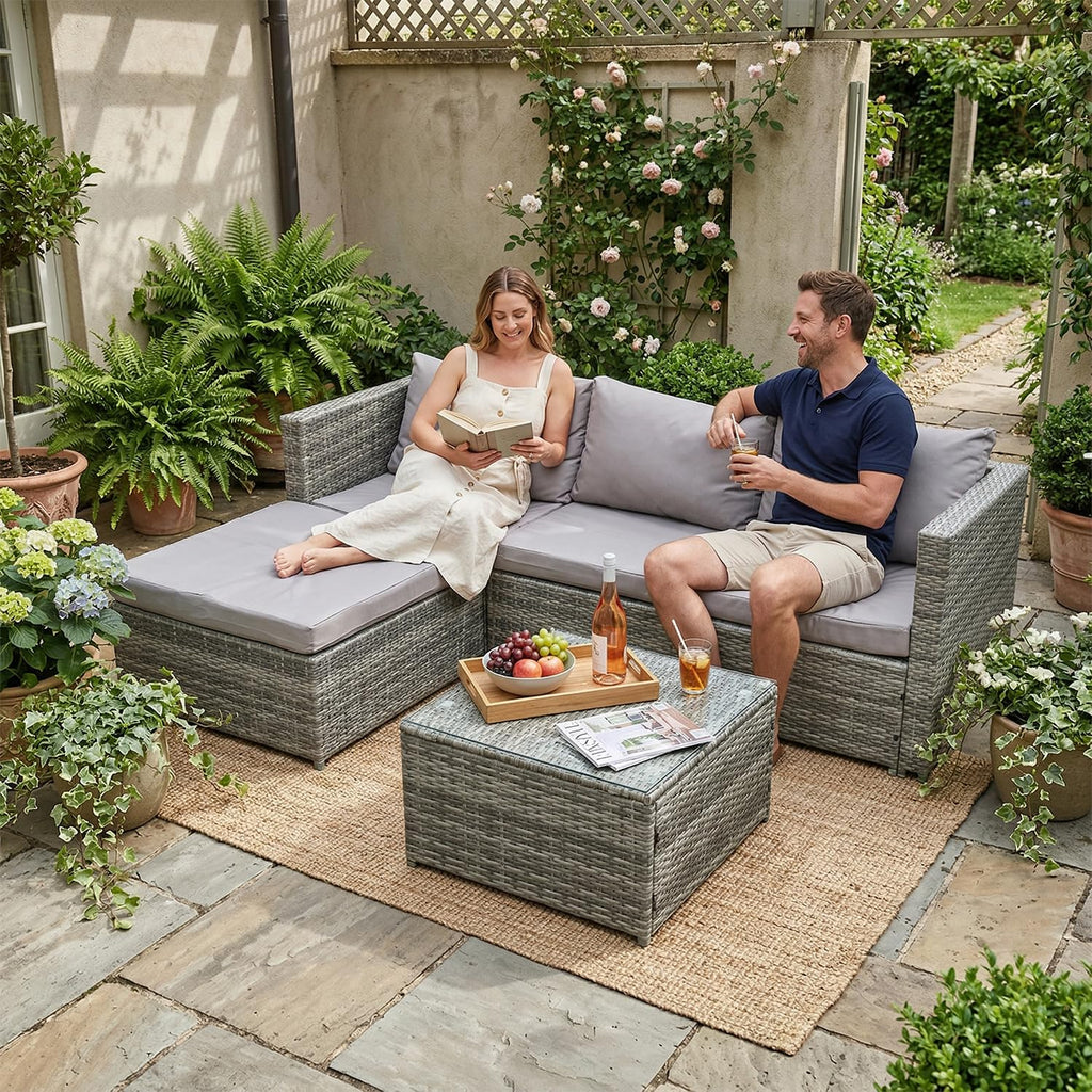 4 Seater Rattan Garden Corner Sofa Set with Glass Coffee Table & Cushions Grey