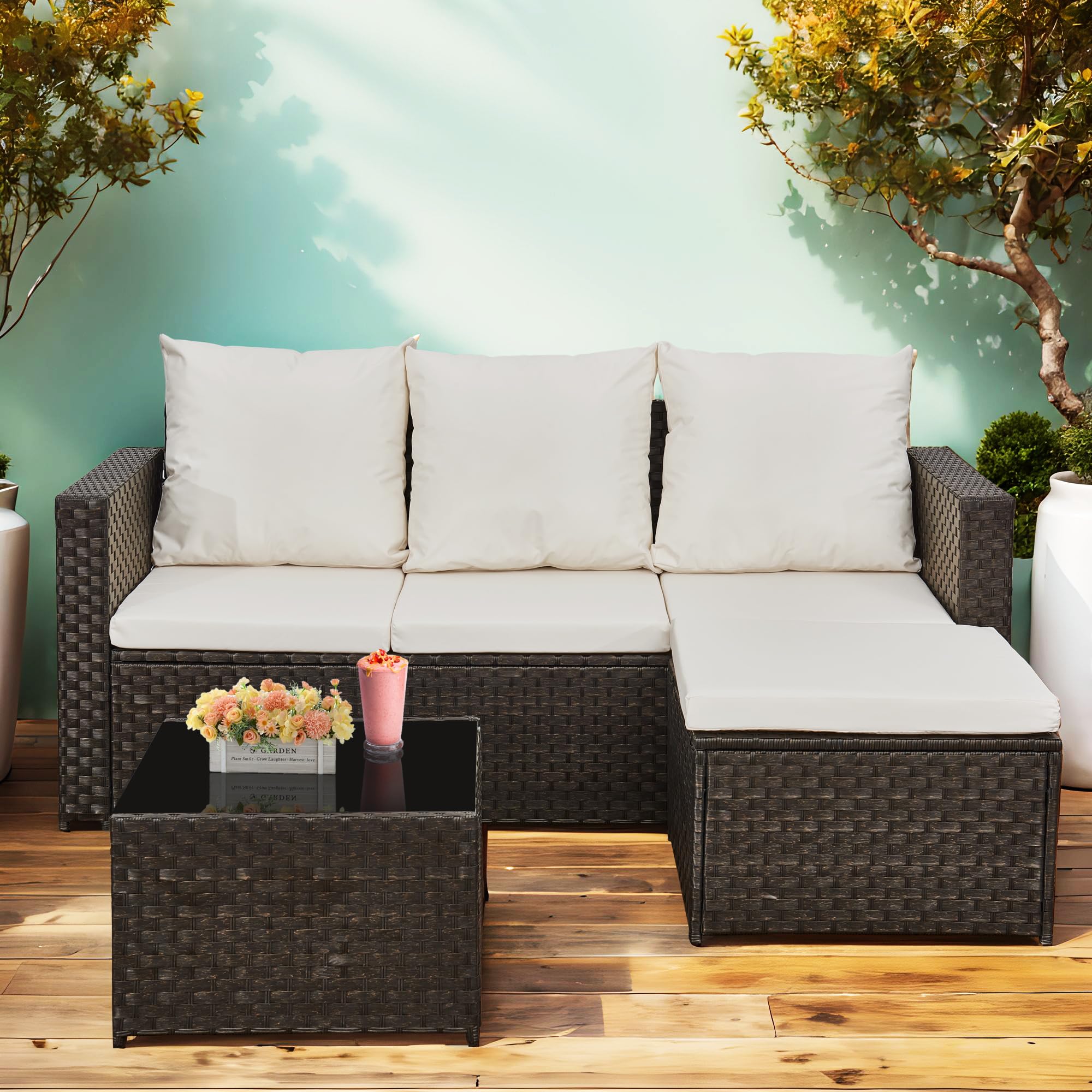 3 Piece Rattan Garden Sofa Set with Coffee Table & Cushions Black White