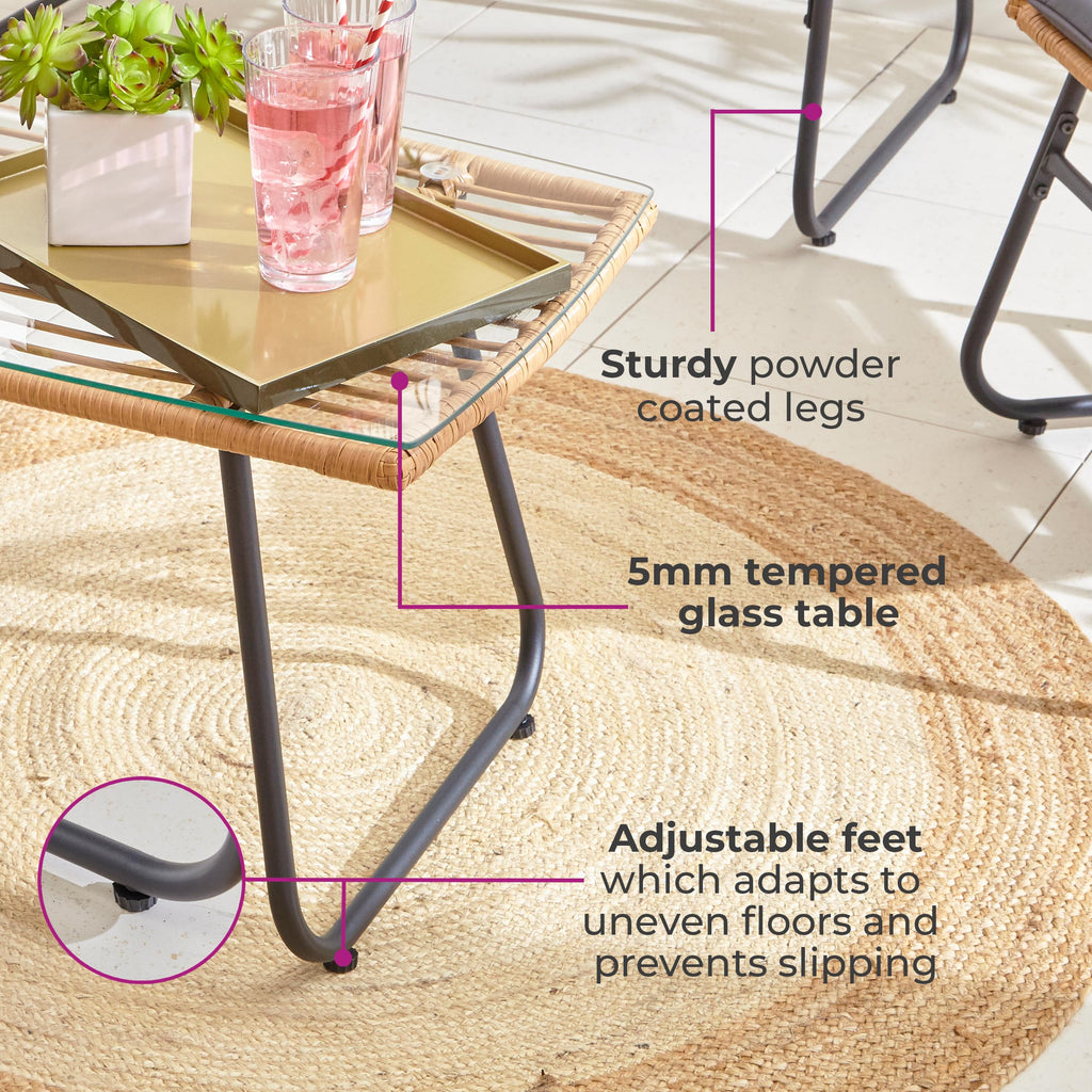 4 Piece Rattan Garden Furniture Set with Sofa, Chairs & Glass Coffee Table Natural