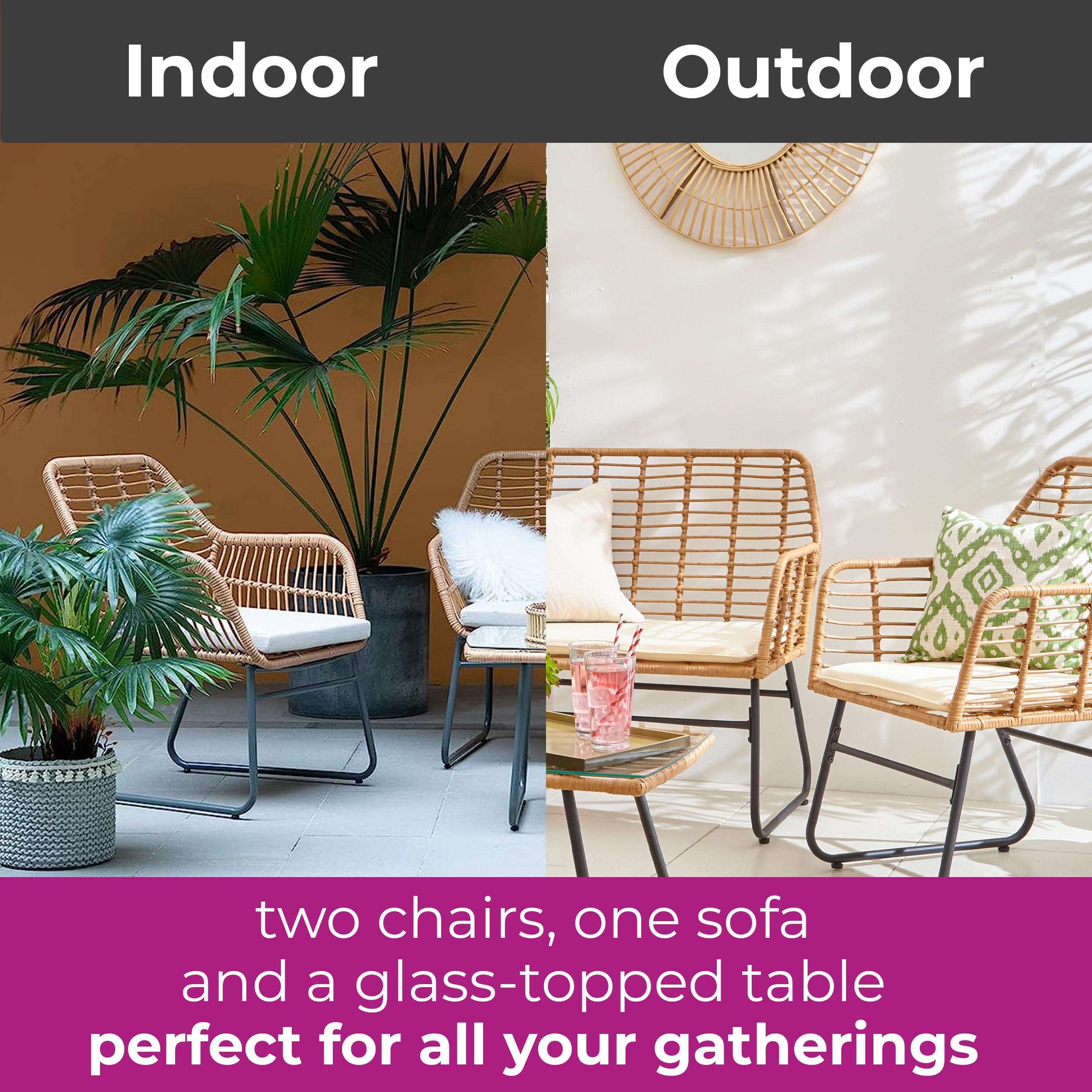 4 Piece Rattan Garden Furniture Set with Sofa, Chairs & Glass Coffee Table Natural