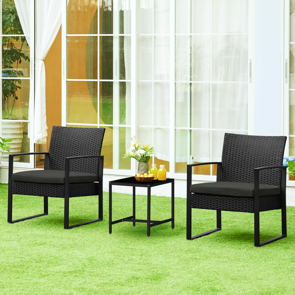 3 Piece Rattan Garden Bistro Set with Cushioned Chairs & Glass Table Black Grey