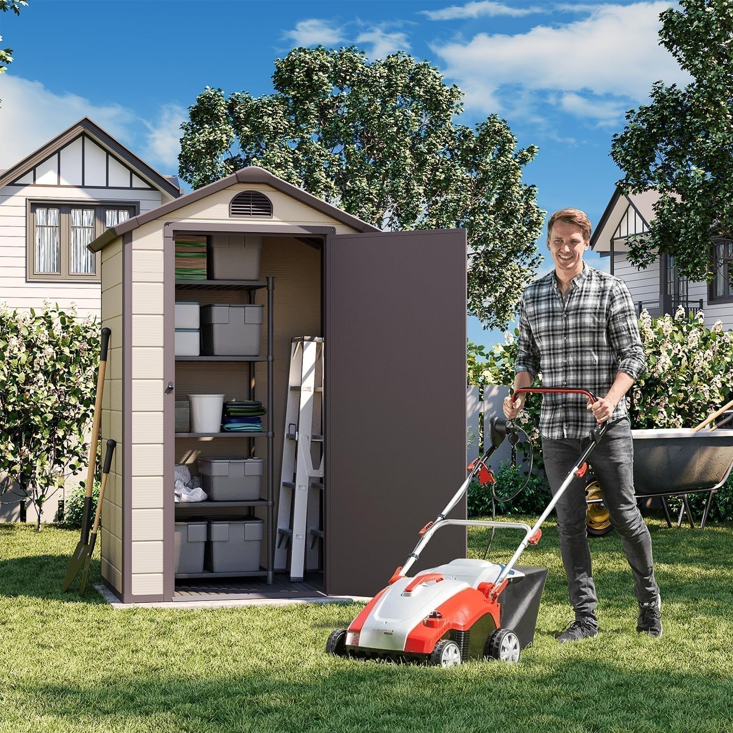 Outdoor Storage Shed 4X3 Ft, Resin Sheds & Outdoor Storage, Patio Furniture Shed with Lockable Door, Outdoor Sheds Garden Tools, Bikes, BBQ Grills, Pool Accessories for Backyard, Patio